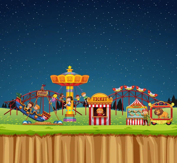 Circus scene met mensen op de ritten 's nachts — Stockvector