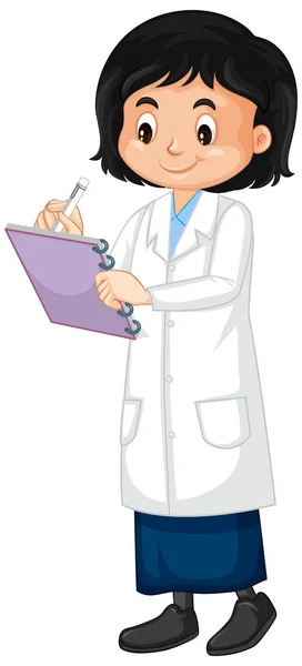 Girl in science gown writing note on white background — Stock Vector