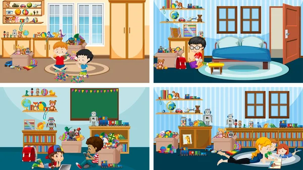 Négy jelenet a gyerekek játszanak és olvasnak a különböző szobákban — Stock Vector
