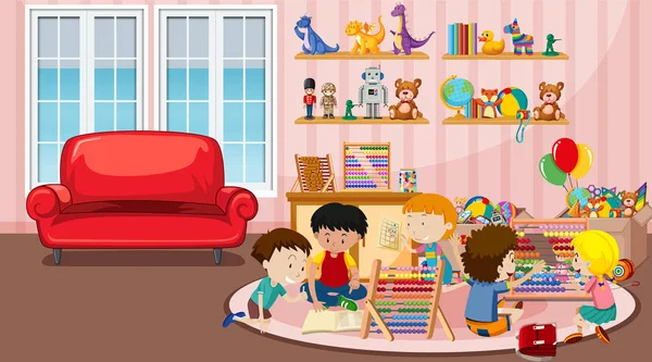 Escena con muchos niños jugando en la habitación — Vector de stock