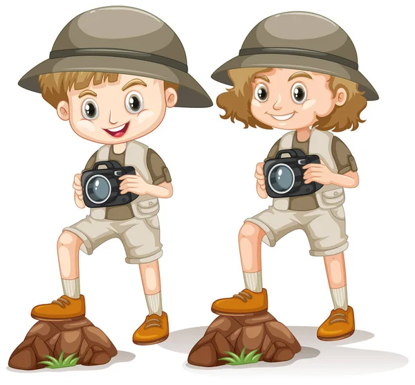Niño y niña en traje de safari con cámara de pie sobre la roca — Vector de stock
