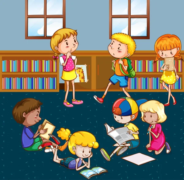 Kütüphanede kitap okuyan bir sürü çocuğun olduğu sahne — Stok Vektör