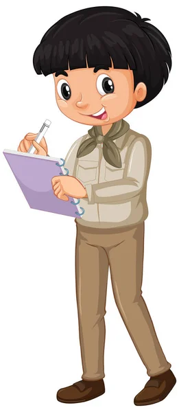 Niño en uniforme de safari escribiendo notas sobre fondo blanco — Vector de stock