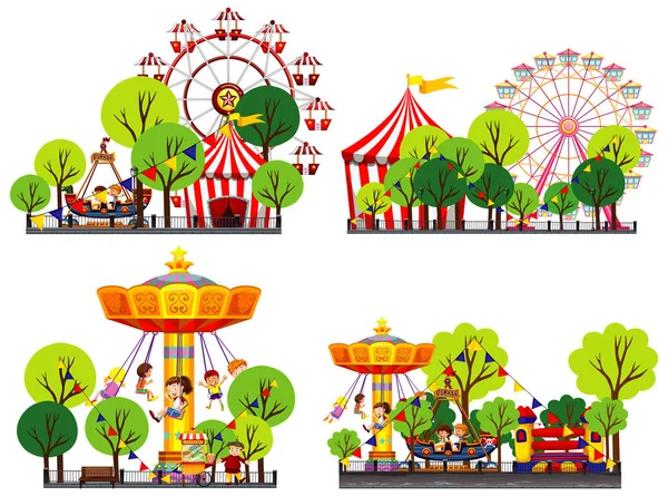 Four scenes of circus with many rides — Stock Vector