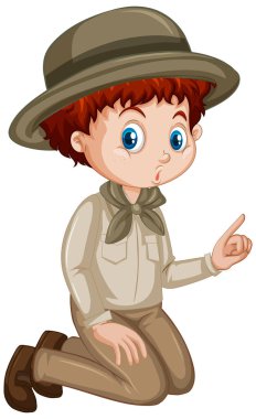 Beyaz arka planda safari kıyafeti giymiş bir çocuk.
