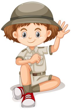 Safari kıyafetli kız beyaz arka planda el sallıyor.