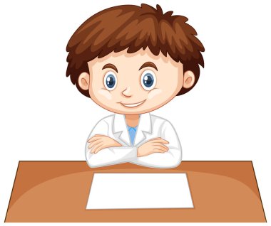 Fen kıyafetli çocuk masada oturuyor.