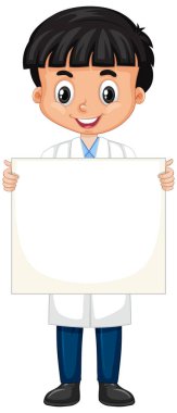 Önlüklü çocuk beyaz arka planda tabelasını tutuyor.