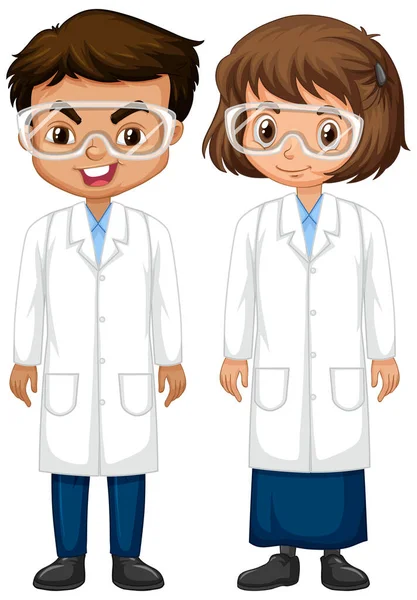 Junge und Mädchen im Wissenschaftskleid stehen auf weißem Hintergrund — Stockvektor