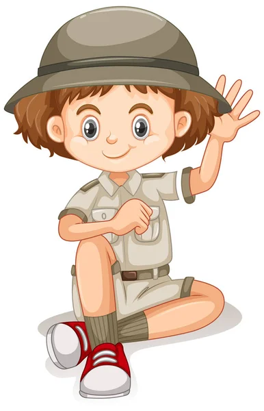 Girl in safari outfit waving hand on white background — Stock Vector