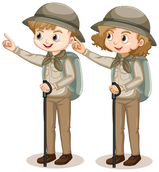 Χαριτωμένο αγόρι και κορίτσι σε σαφάρι στολή με σακίδιο και περπάτημα sti — Διανυσματικό Αρχείο