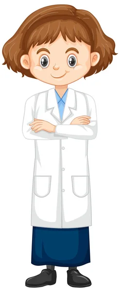 Chica en vestido de ciencia de pie sobre fondo blanco — Vector de stock