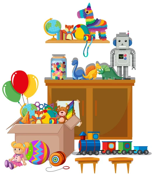 Estante y caja llena de juguetes sobre fondo blanco — Vector de stock