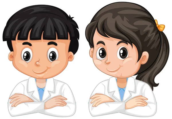 穿着白色背景的科学长袍的男孩和女孩 — 图库矢量图片
