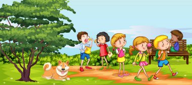 Bir sürü çocuğun parkta eğlendiği sahne.