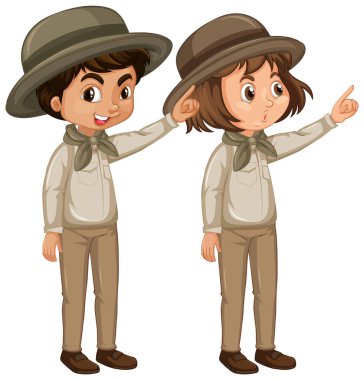 Beyaz arka planda izci üniforması giyen kız ve erkek.