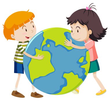 Mutlu çocuk ve kız beyaz arka planda büyük bir dünyaya sarılıyorlar.