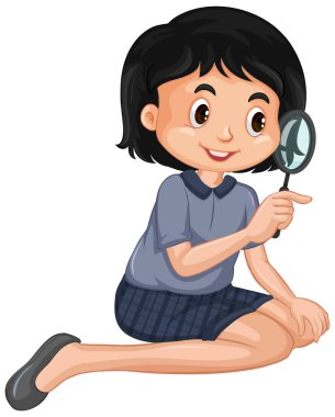 Happy girl with magnifying glass on white background