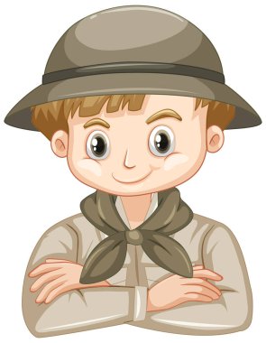 Beyaz arka planda safari kıyafetli yakışıklı çocuk.