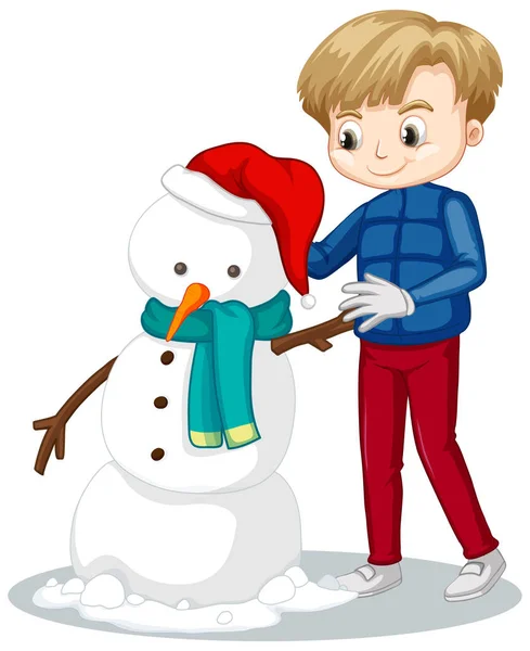 Happy boy manking snowman on white background — Stock Vector