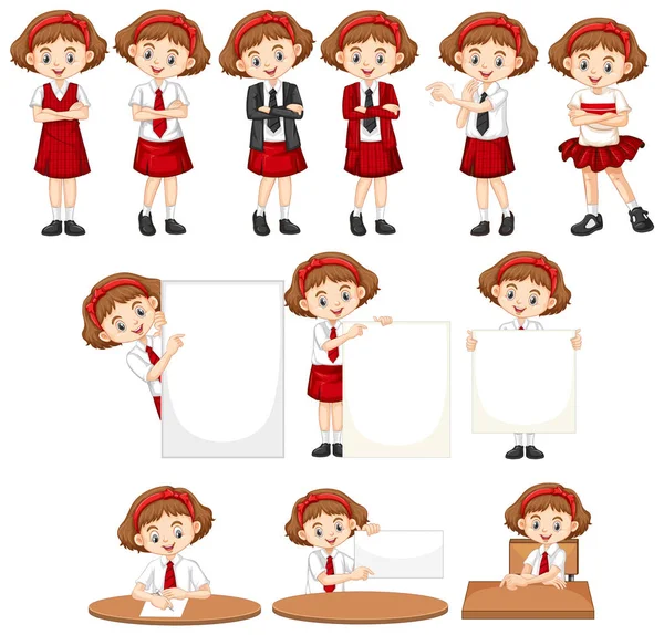 Set of girl in school uniform doing different things — Stock Vector