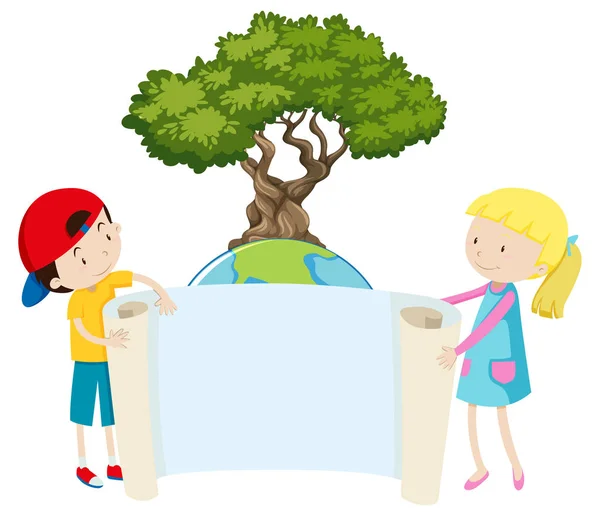 Plantilla de banner con dos niños felices y árbol grande — Archivo Imágenes Vectoriales