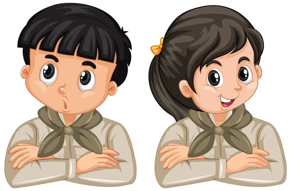 Niño y niña en uniforme de explorador sobre fondo blanco — Vector de stock