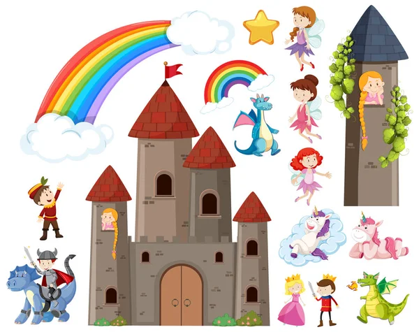 Набір казкових персонажів і веж замку — стоковий вектор