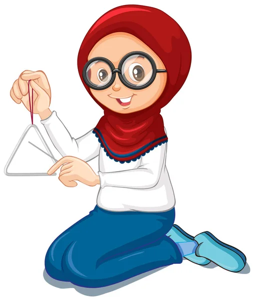 Muslim girl playing triangle on white background — Stock Vector