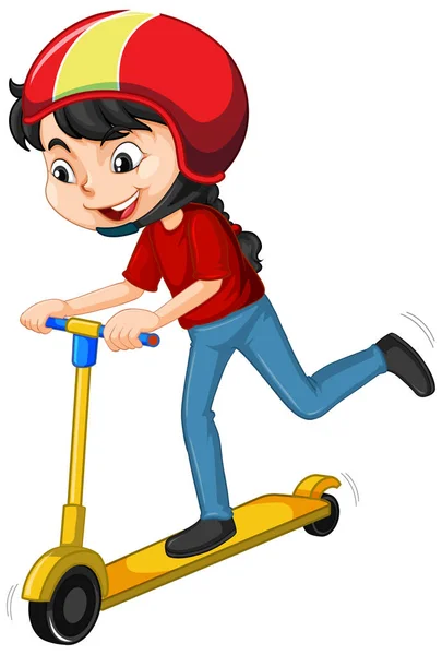 Chica de camisa roja cabalgando en scooter sobre fondo blanco — Archivo Imágenes Vectoriales