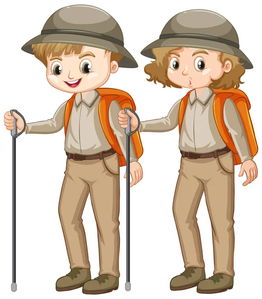 Boy and girl in scout uniform with walking stick — Stock Vector