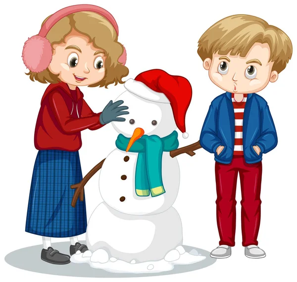 Boy and girl making snowman on white background — Stock Vector