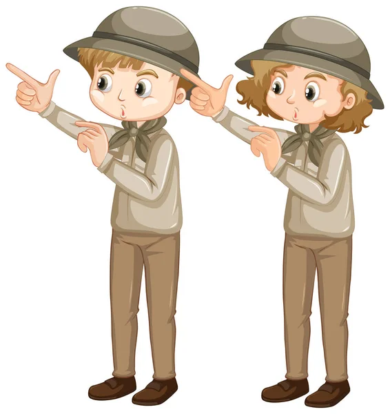 Boy and girl in scout uniform pointing finger — Stock Vector