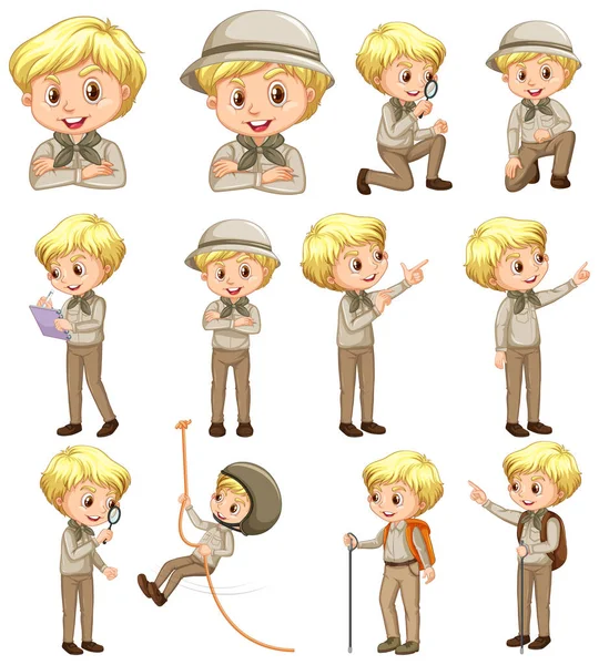Boy in scout uniform doing different activities on white backgro