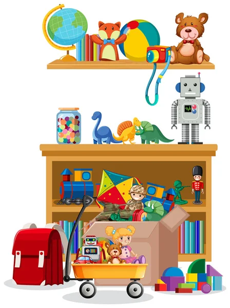 Étagère et boîte pleine de jouets sur fond blanc — Image vectorielle