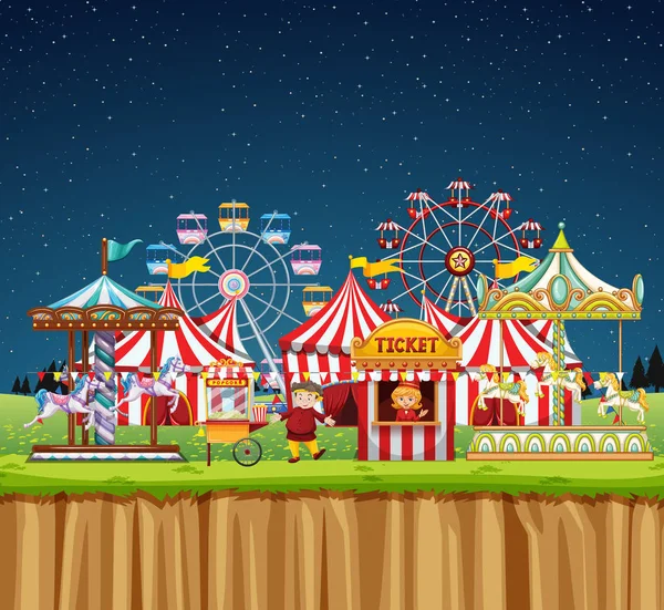 Circus scene with people at night time — 스톡 벡터