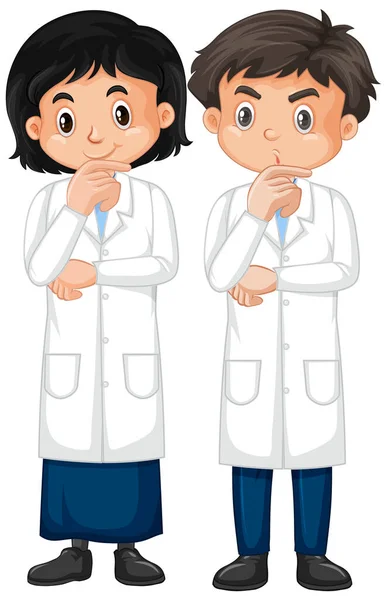 Laki-laki dan perempuan dalam gaun lab dengan latar belakang putih - Stok Vektor