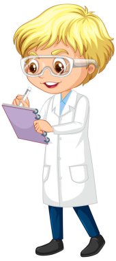 Bilim üniformalı çocuk beyaz arka planda yazıyor.