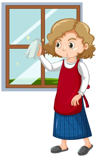 Jendela pembersih anak perempuan dengan kain pada latar belakang putih - Stok Vektor