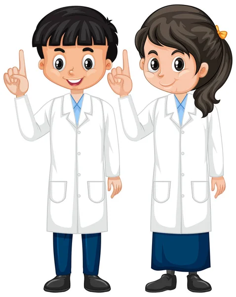 Αγόρι και κορίτσι με επιστημονικό φόρεμα στέκεται σε λευκό φόντο — Διανυσματικό Αρχείο