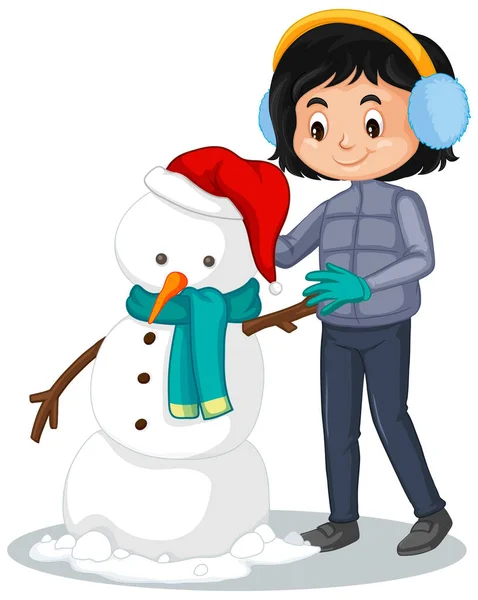 Happy girl making snowman on white background — Stock Vector