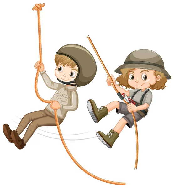 Хлопчик і дівчинка в розвідувальній формі скелелазіння мотузки — стоковий вектор