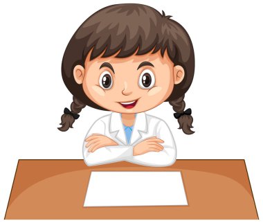 Beyaz arkaplanda oturan laboratuvar önlüklü kız.