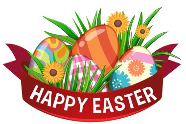 Paskalya için yumurta ve kırmızı kurdeleli poster tasarımı.