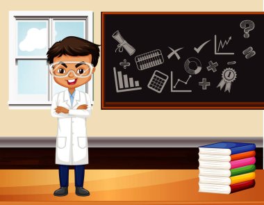 Sınıf illüstrasyonunun önünde duran bilim adamı