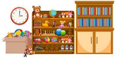 Raflar ve kitaplık dolusu kitap ve oyuncaklar.
