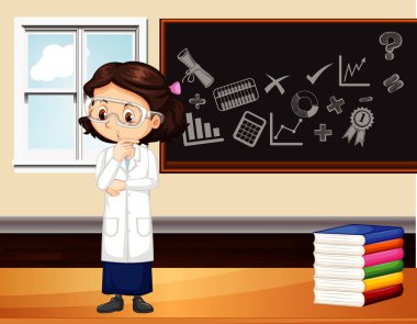 Sınıf sahnesinde bilim öğrencisi yönetim kurulunun önünde duruyor.