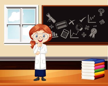 Kurul illüstrasyonunda fen bilgisi öğrencisinin olduğu sınıf sahnesi