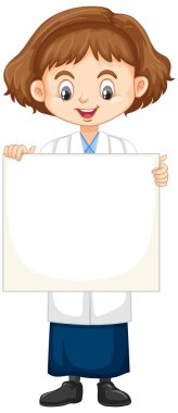 Beyaz arkaplanda duran bilim elbiseli kız.