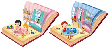 Yatak odasında çocuklu iki kitap.